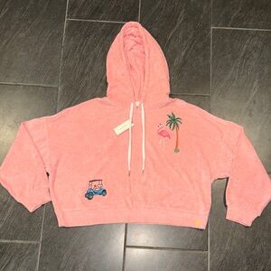 Celandine Pink Hooded Terry Crop Sweatshirt with Flamingo Embroidery